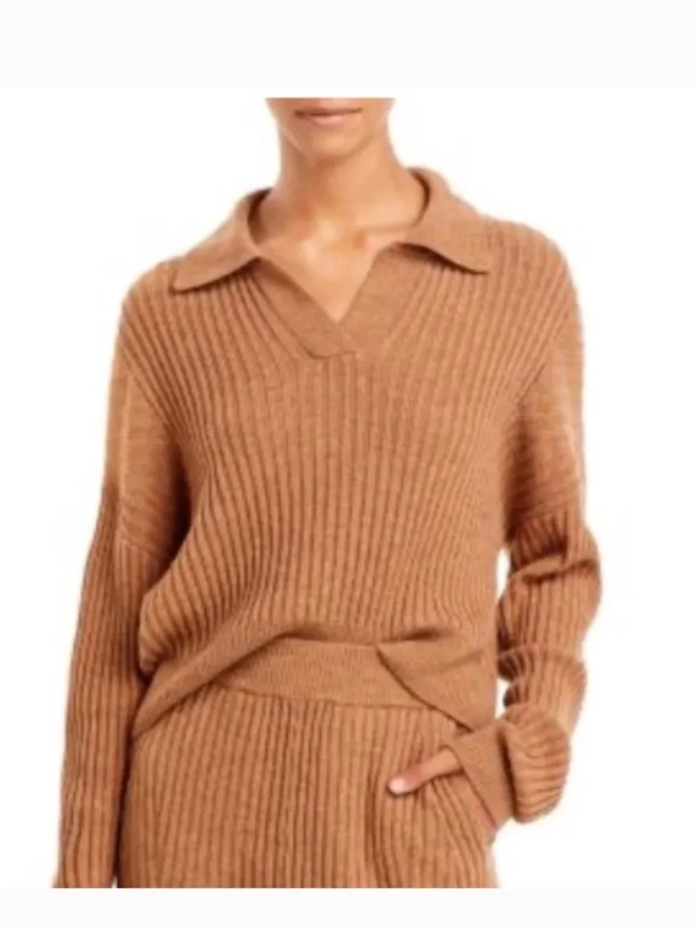 Rag & Bone Maxine Ribbed Polo Sweater Camel Merino Wool Blend M